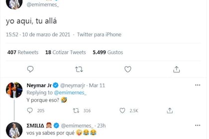 El ida y vuelta en Twitter de Emilia Mernes y Neymar
