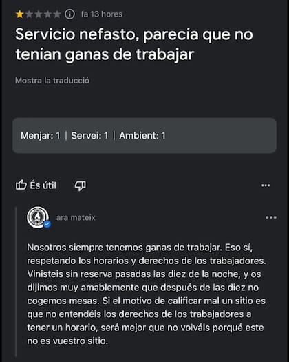 El ida y vuelta entre un cliente insatisfecho y un restaurante que argumentó "tener ganas de trabajar"