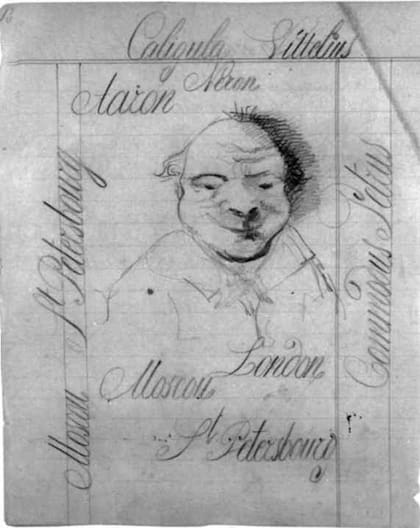 "El idiota" del autor ruso Fiódor Dostoyevski era el príncipe Myshkin, y lo llamaban así por su humildad, honestidad y amabilidad en una sociedad de farsantes e intrigantes falsos. (Dibujo y texto escrito a mano por Dostoevsky).