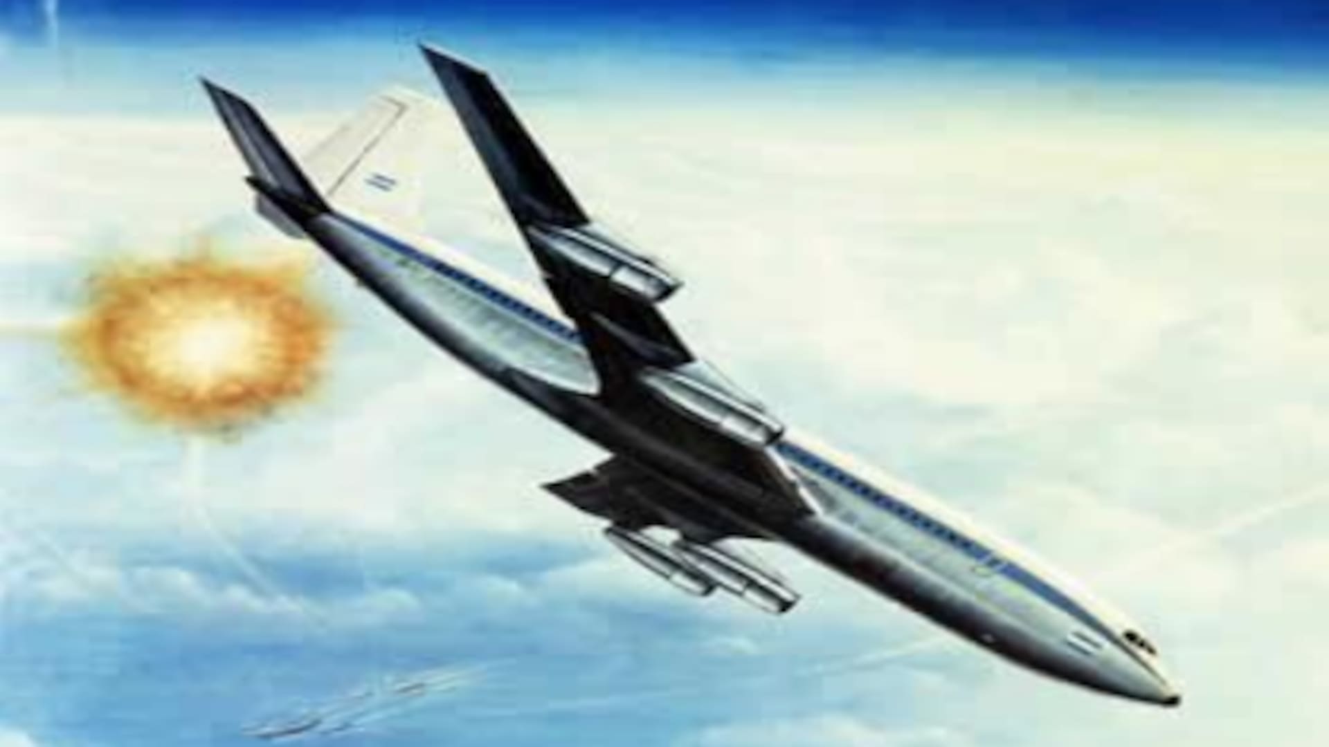El ilustrador Exequiel Martínez reprodujo la escena en la que el Boeing 707 comandado por Otto Ritondale inicia las maniobras de evasión y un misil estalla a poca distancia