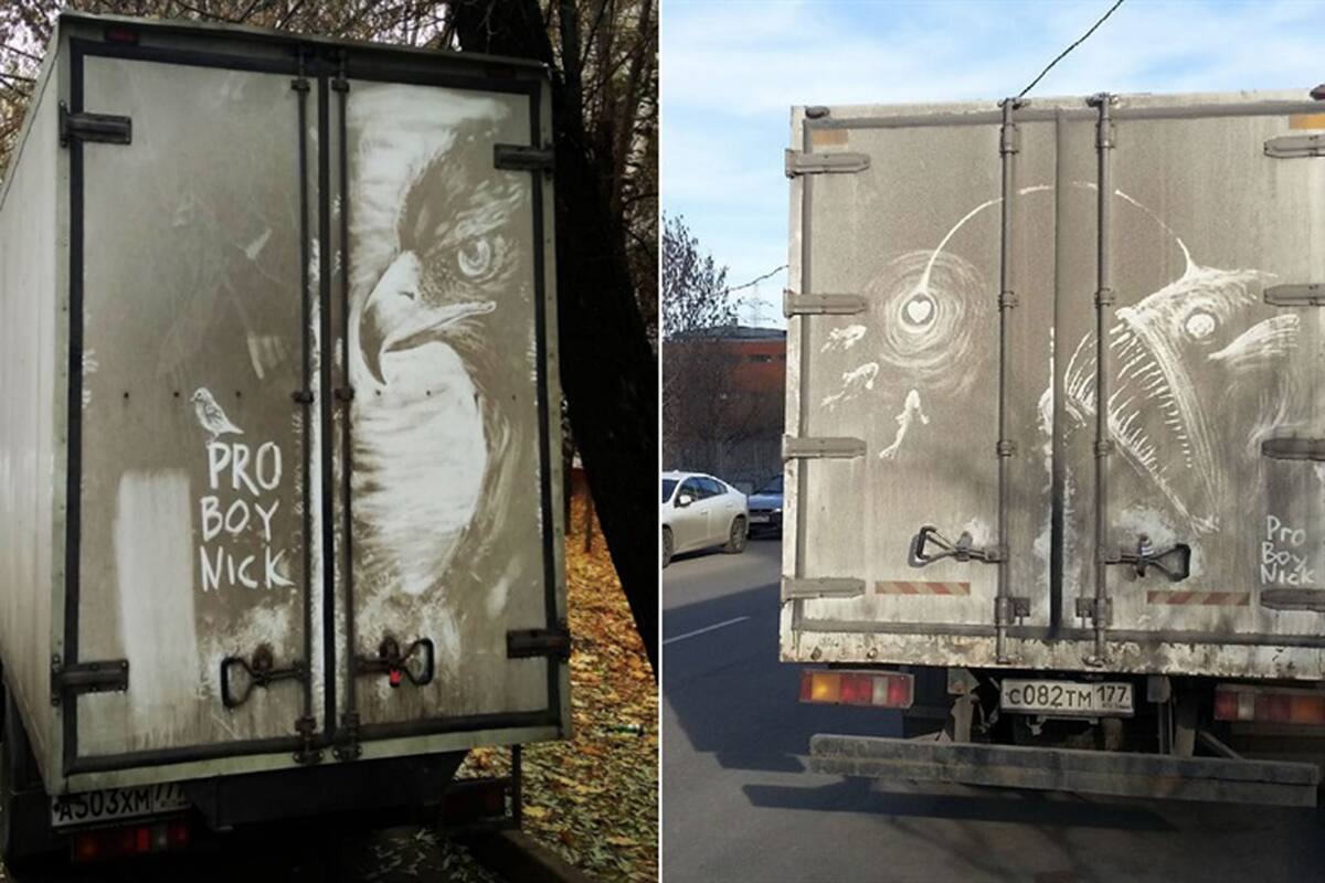 El ilustrador ruso no sólo usa los autos como soporte para sus creaciones sino que también camiones, buses y cualquier vehículo que acumule suciedad