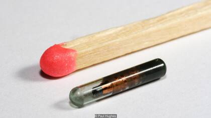 El implante tiene un tamaño de 12 mm de largo y está dentro de una cápsula de vidrio; a su lado, un fósforo