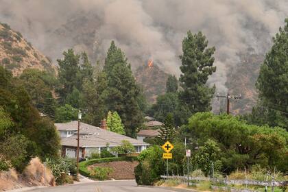 El incendio Bobcat arde en las laderas detrás de las casas en Arcadia, California, el 13 de septiembre de 2020