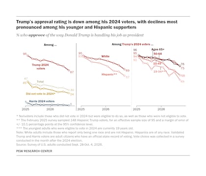 El índice de aprobación de Trump disminuyó entre sus votantes de 2024, con descensos más pronunciados entre sus seguidores más jóvenes e hispanos