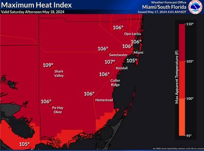 El Índice de Calor del NWS para el condado de Miami-Dade para este sábado