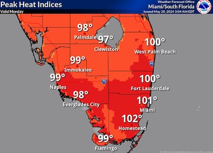 El índice de calor (en grados fahrenheit) para el sur de Florida este lunes 20 de mayo