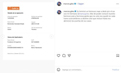 El influencer compartió una imágen del comprobante de transferencia a Fundación Si Argentina
(Foto: @marcos.giles)