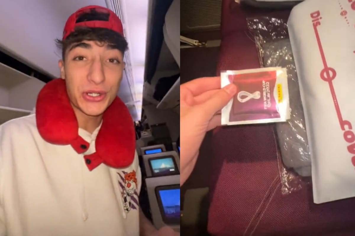 El influencer se sorprendió al encontrar sobres del álbum Panini en los asientos del vuelo a Qatar
