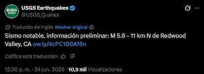 El informe del USGS en redes sociales sobre el sismo que se registró al norte de California