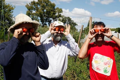 El ingeniero agrónomo Gustavo Schrauf (en el centro) junto a dos colaboradores del proyecto