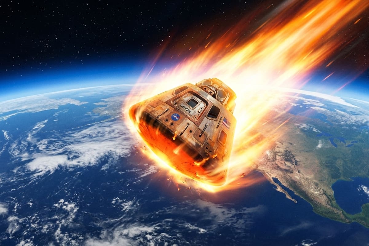 El ingreso de la cápsula Orión a la atmósfera terrestre (imagen ilustrativa generada con IA)