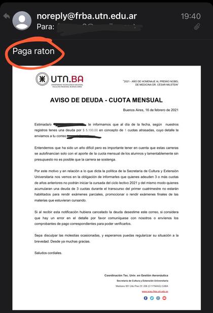 El insólito mensaje con el que una universidad intenta intimar a sus alumnos para el pago de las cuotas