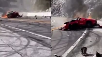 El instante en el que la ferrari se estrella contra las rocas de la autopista