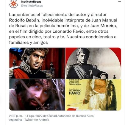 El Instituo Rosas recordó la interpretación de Juan Manuel de Rosas que hizo Rodolfo Bebán para el filme del mismo nombre, del año 1972