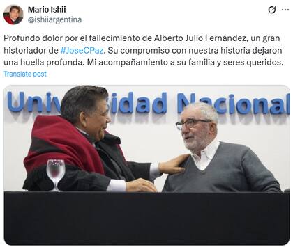 El intendente Mario Ishii expresó su "profundo dolor" tras la muerte de Fernández Bodue en X (Fuente: @ishiiargentina)
