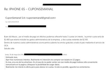 El intercambio de mails con los estafadores por la compra de un iPhone