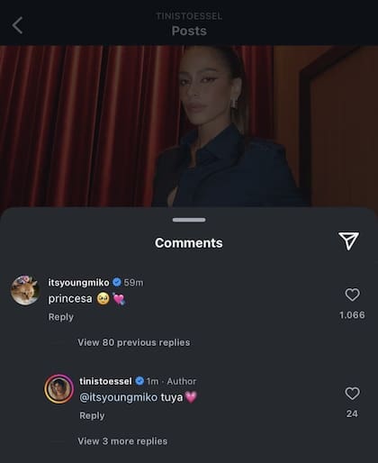 El intercambio de mensajes de Young Miko y Tini en las redes (Foto: Instagram)