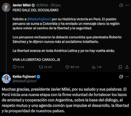 El intercambio de Milei y Keiko Fujimori a través de X el pasado lunes
