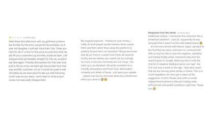 El intercambio entre el cliente (izquierda) y la dueña del local gastronómico (centro y derecha) en las reseñas de Google