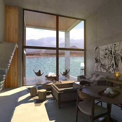 El interior de una de las villas, frente a la laguna.