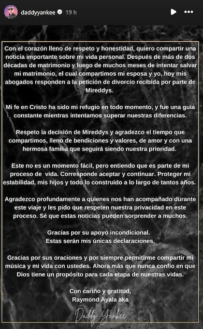 El intérprete de Gasolina compartió una carta en sus historias de Instagram