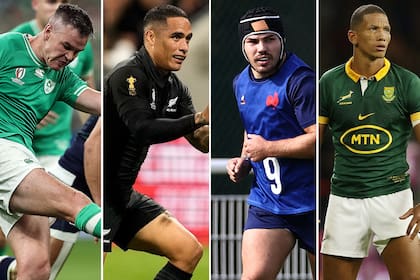 El irlandés Johnny Sexton, el neozelandés Aaron Smith, el francés Antoine Dupont y el sudafricano Manie Libbok, conductores de los cuatro favoritos del Mundial de rugby, que chocarán este fin de semana en Saint-Denis.