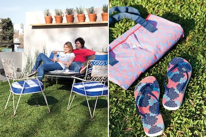 El jardín, con un césped que parece una alfombra, tiene un sillón de hierro negro con un almohadón de tela vinílica a rayas y un juego de silloncitos vintage comprados en el mercado de pulgas. Lona y ojotas (Seco, $490 y $270)