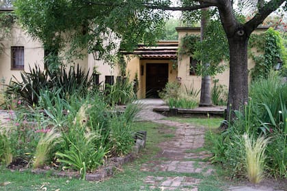 El jardín de entrada tiene contenciones de quebracho que arman una suerte de bancos y canteros para salvar el desnivel natural entre los dos laterales, de unos 50 cm. En el patio de entrada se destaca una palmera pindó, que aparece en su esplendor en invierno, cuando el fresno de
adelante pierde sus hojas. Se aprovechó una pared ciega para colocar durmientes verticales con neomaricas en la base para guiar las vistas hacia la entrada principal.