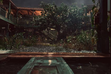 El jardín de la casa Buendía y su icónico castaño durante el diluvio de cuatro años, once meses y dos días que azotó a Macondo
