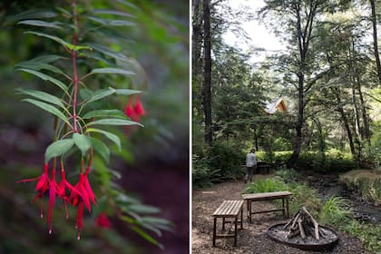 El jardín incluye un espacio para el descanso junto al fuego, a la vera del curso de agua que recorre parte del terreno.