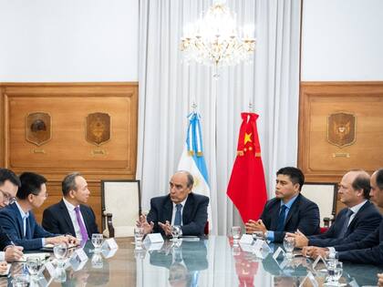 El jefe de Gabinete, Guillermo Francos, junto al gobernador de Santa Cruz, el embajador de la República Popular China en Argentina y directivos de la empresa china Gezhouba, contratista de las obras de las represas hidroeléctricas.