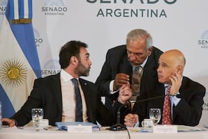 El jefe de la bancada libertaria, Ezequiel Atauche, y el presidente provisional del Senado, Bartolomé Abdala, junto a Juan Carlos Romero