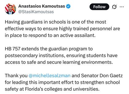 El jefe de Seguridad Escolar de Florida, Anastasios Kamoutsas, defendió en sus redes sociales el proyecto de ley HB 757