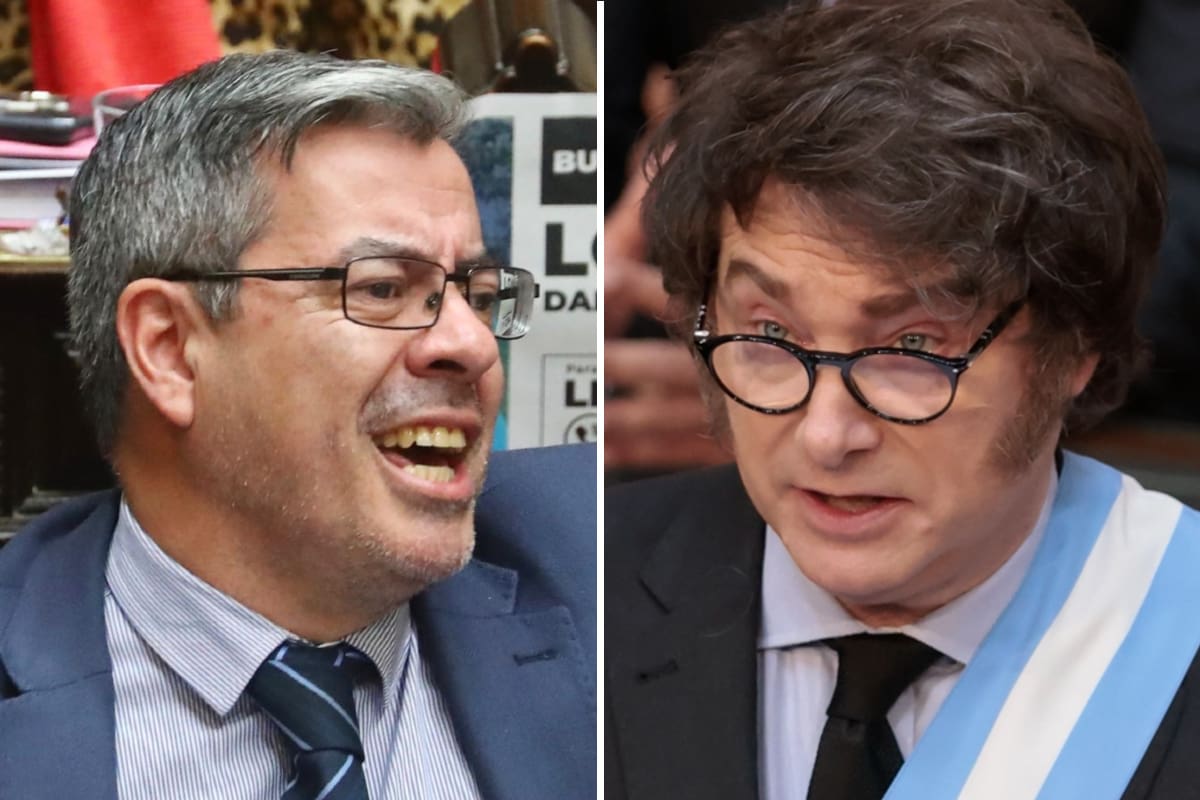 El jefe del bloque de Unión por la Patria en Diputados, Germán Martínez, junto al presidente Javier Milei