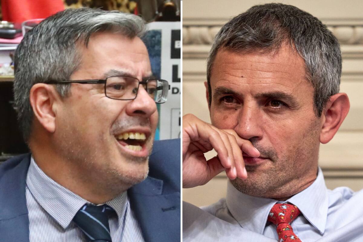 El jefe del bloque de Unión por la Patria (UxP) en Diputados, Germán Martínez, junto al titular de la Cámara baja, Martín Menem