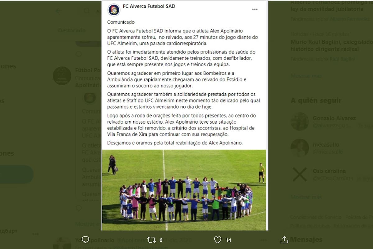 El jugador Apolinario se desplomó en pleno partido