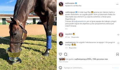 El Kodigo, en la mañana siguiente a su conquista en el Gran Premio José Pedro Ramírez (G1), con la copa; el agradecimiento de su entrenador, Juan Saldivia