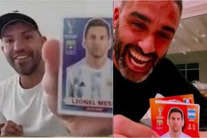 El Kun Agüero y el Pollo Álvarez, dos afortunados con la figurita de Messi (Foto: Captura de video)