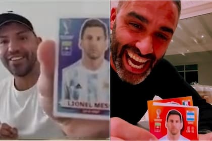 El Kun Agüero y el Pollo Álvarez, dos afortunados con la figurita de Messi (Foto: Captura de video)