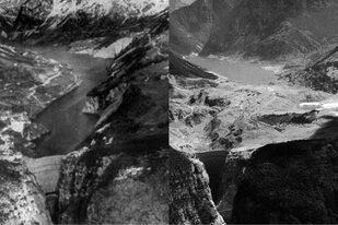 El lago de la represa antes y después del derrumbe de 1963 del monte Toc, que cubrió todo el espejo de agua
