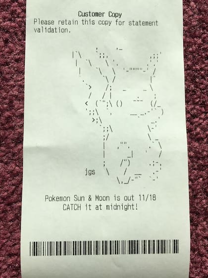 El lanzamiento de un videojuego de Pokemon en una tienda estadounidense fue anunciado con un complejo dibujo en un recibo