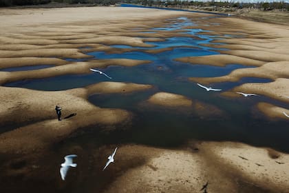 El lecho expuesto del río Paraná Viejo, un afluente del río Paraná, durante una sequía en Rosario, Argentina, en julio de 2021