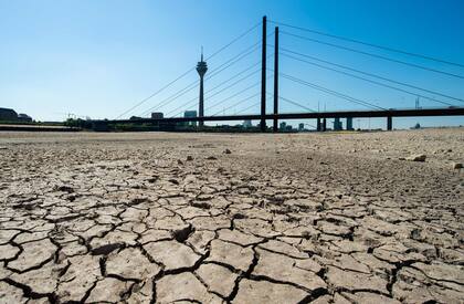 El lecho seco del río Rin en Düsseldorf, Alemania