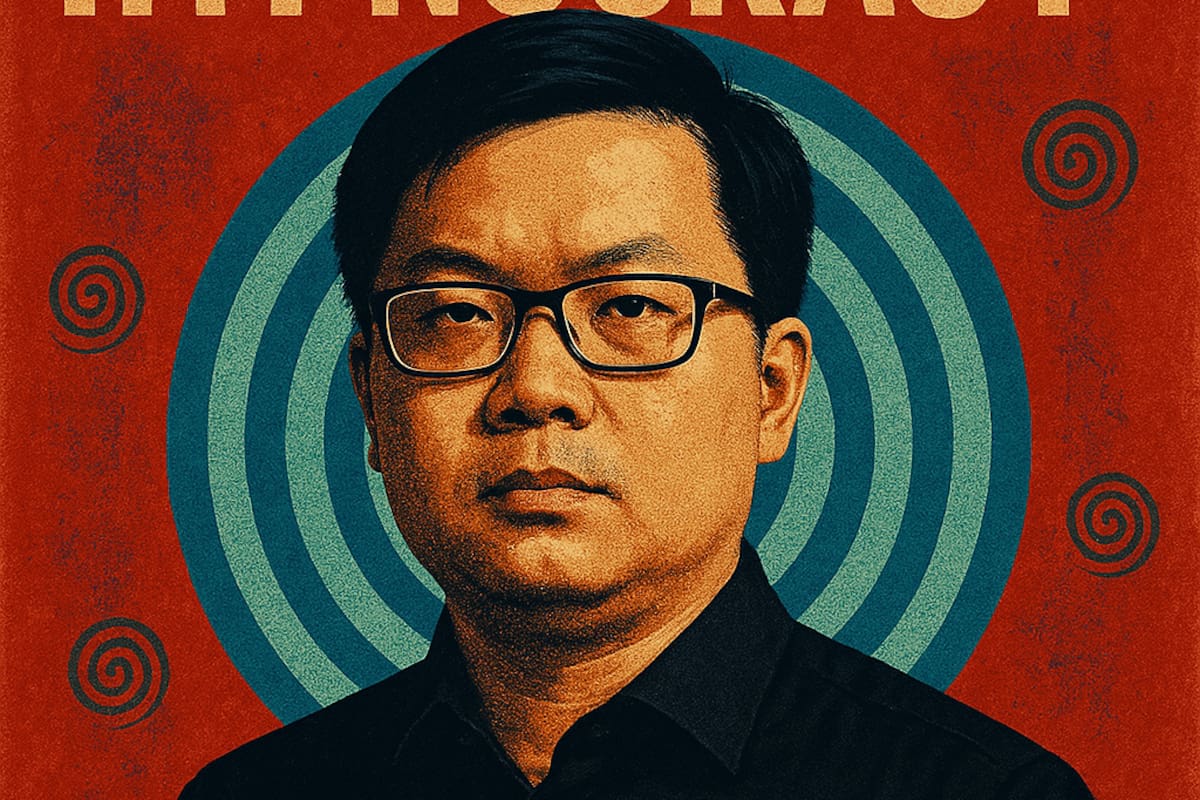 El libro "Hipnocracia" con la foto del filósofo inventado Jianwei Xun. Crédito: Andrea Colamedici.