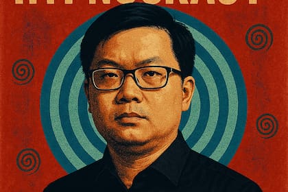 El libro "Hipnocracia" con la foto del filósofo inventado Jianwei Xun. Crédito: Andrea Colamedici.