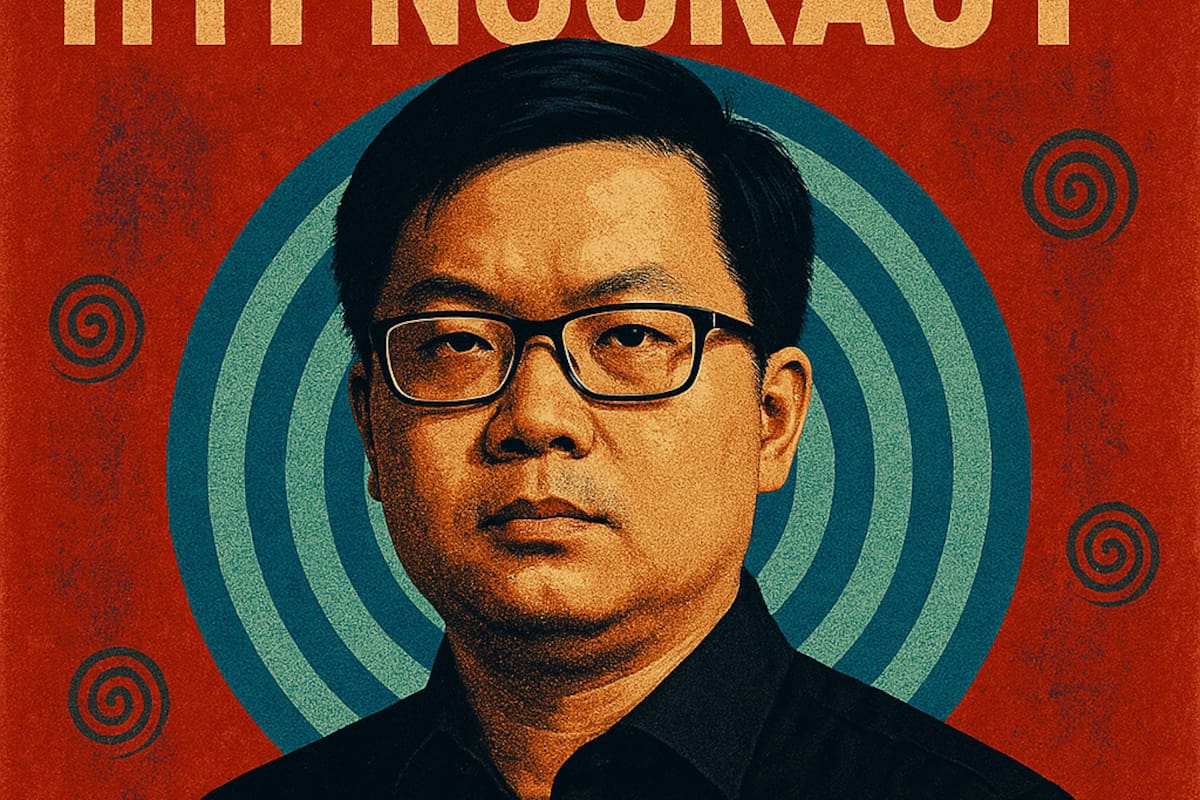 El libro Hipnocracia, con la imagen del filósofo inventado Jianwei Xun. Crédito: Andrea Colamedici.