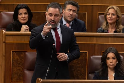 El líder de Vox, Santiago Abascal, interviene durante una sesión de control al gobierno, en el Congreso de los Diputados (Archivo)