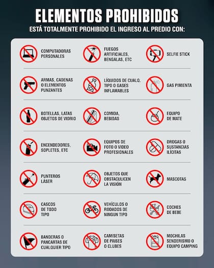 El listado de elementos prohibidos para ingresar al predio (Foto: Instagram @latriplete____)
