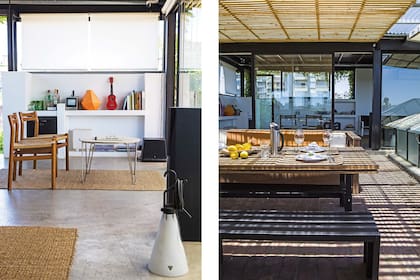 El living al aire libre se trazó con un banco, una mesa regulable diseñada por el dueño de casa y un cómodo sillón a su medida.