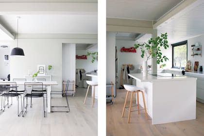 El living está integrado al comedor diario. Mesa y lámpara colgante (Muuto). Sillas (Hay). Todo viene de su casa anterior. “La idea es que caigan donde caigan los muebles queden bien”, dice Marcela. En la barra, florero (Broste Copenhagen) y banquetas (Hay).